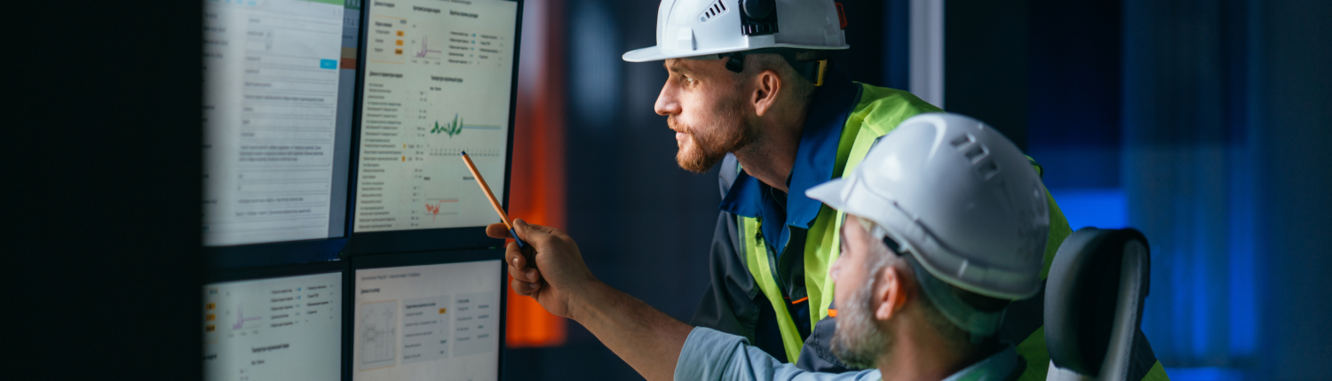 Group of operators control process on product line uses industry 4.0 and digital technology on modern factory. Two engineers follow assembly process uses SCADA system which AI technology and UI