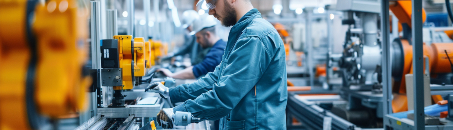 Factory workers assembling products on a production line, with machines and tools in the foreground